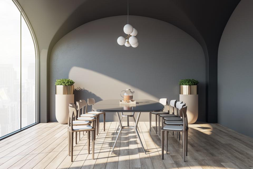 monochrome dining room, long table with chairs