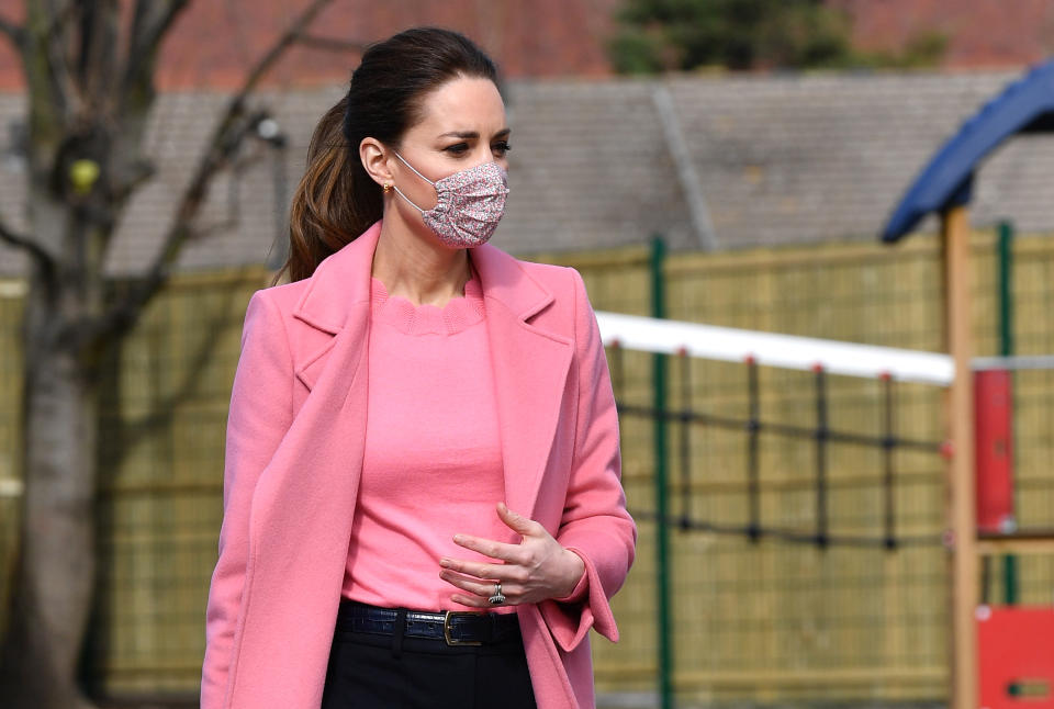 Catherine, Duchess of Cambridge, wore a scalloped Boden jumper when visiting School 21 in Stratford, London, on 11 March 2021. (Justin Tallis - WPA Pool/Getty Images)