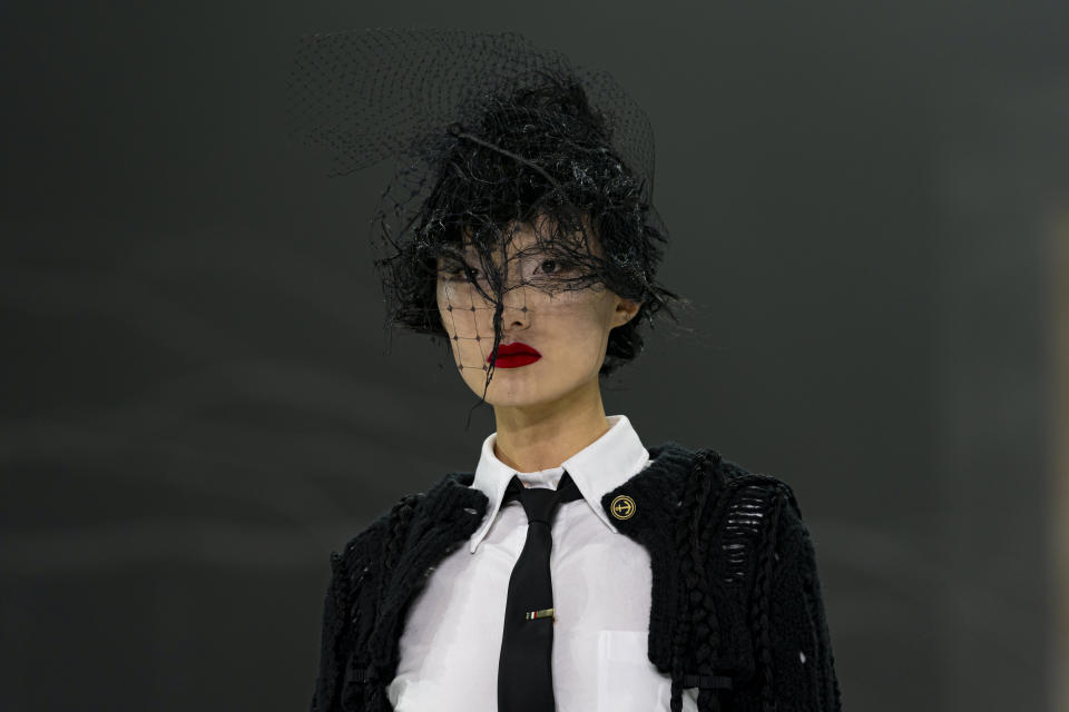 A model walks the runway during the Thom Browne fall/winter 2024 fashion show during New York Fashion Week, Wednesday, Feb. 14, 2024, in New York. (AP Photo/Peter K. Afriyie)