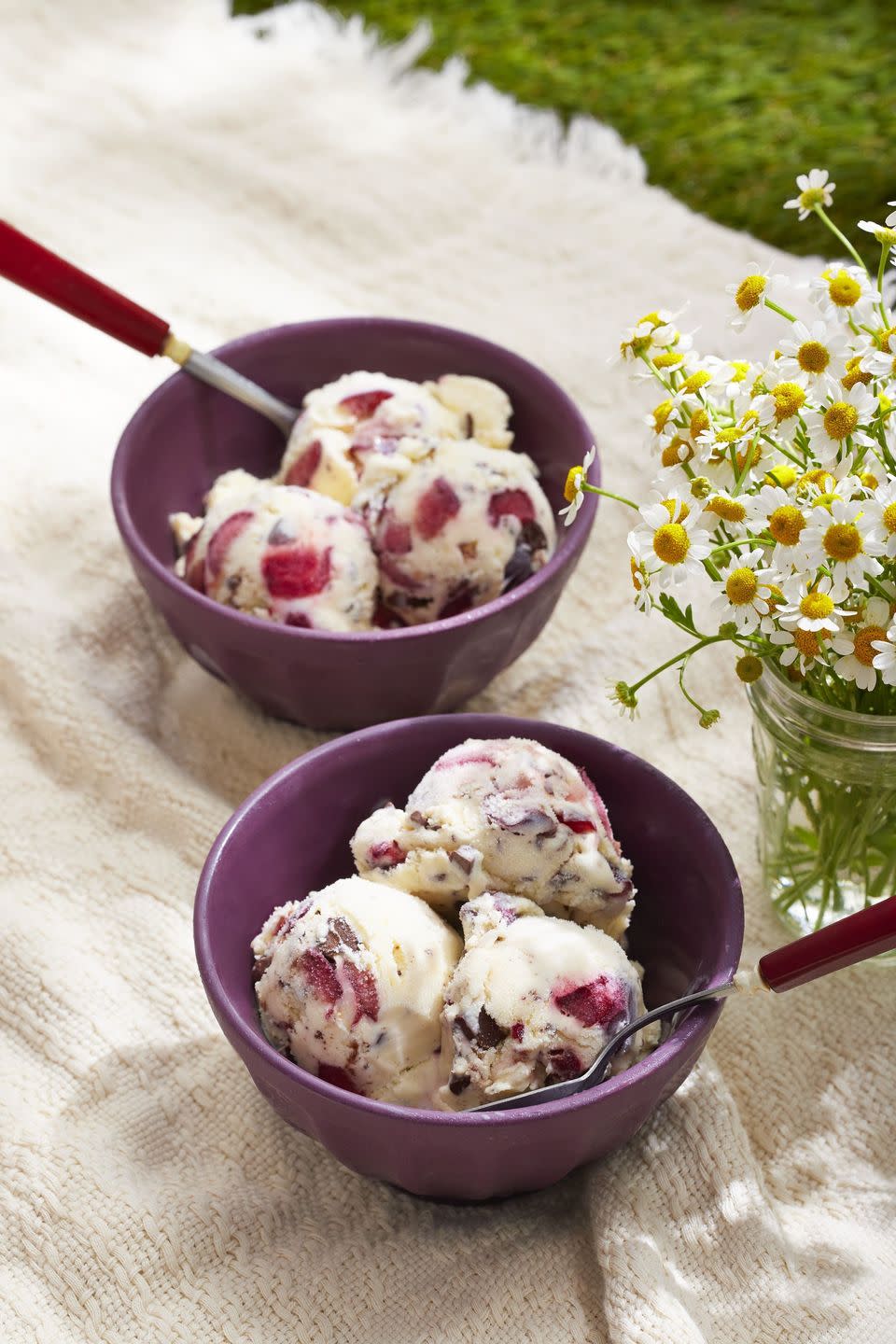 brandied cherry and chocolate chunk ice cream in two mauve colored bowls with a spoon