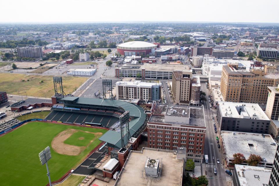 AutoZone Park, FedExForum and parts of Downtown Memphis can be seen from the roof of the Sterick Building during a tour of the building on Thursday, October 19, 2023.