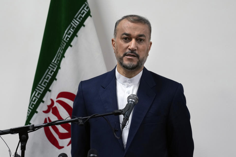 Iranian Foreign Minister Hossein Amirabdollahian speaks to journalists during a joint press conference with his Lebanese counterpart Abdallah Bouhabib in Beirut, Lebanon, Friday, Jan. 13, 2023. In comments to reporters in Beirut following a meeting with his Lebanese counterpart, Amirabdollahian said talks between regional rivals Iran and Saudi Arabia are continuing and could eventually restore diplomatic relations that were severed years ago. (AP Photo/Bilal Hussein)