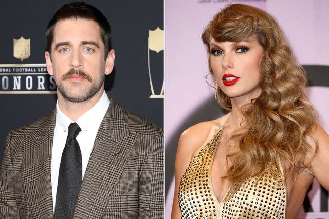 <p>Jason Kempin/Getty, Frazer Harrison/Getty</p> Aaron Rodgers, Taylor Swift