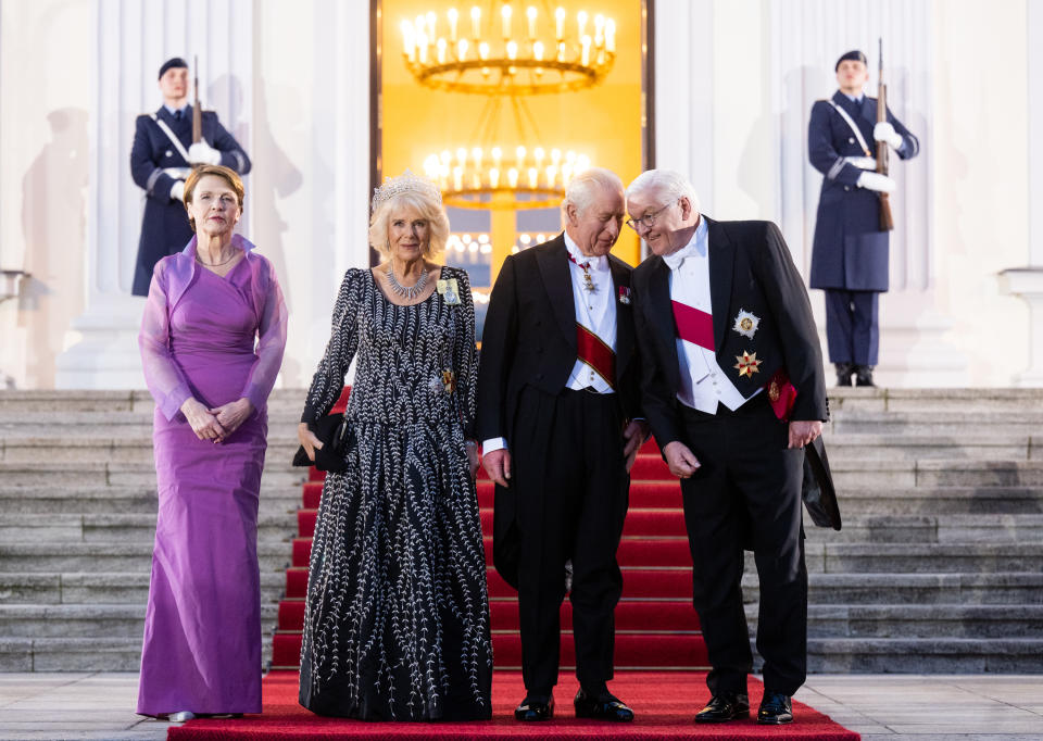 BERLIN, GERMANY - MARCH 29: King Charles III and Camilla, Queen Consort attend a State Banquet at Schloss Bellevue, hosted by the President Frank-Walter Steinmeier and his wife Elke Büdenbender on March 29, 2023 in Berlin, Germany. The King and The Queen Consort's first state visit to Germany will take place in Berlin, Brandenburg and Hamburg from Wednesday 29th March to Friday 31st March 2023. The King and Queen Consort's state visit to France, which was scheduled March 26th - 29th, has been postponed amid mass strikes and protests. (Photo by Samir Hussein/WireImage,)