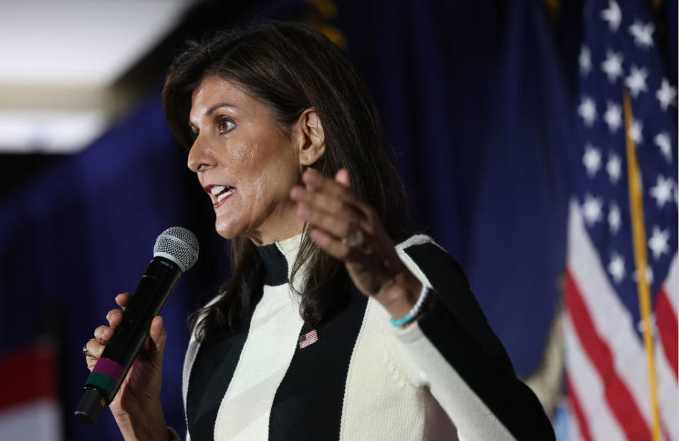 Republican presidential candidate and former U.N. Ambassador Nikki Haley speaks during a campaign event on February 25, 2024, in Troy, Michigan. (Photo by Kevin Dietsch/Getty Images)