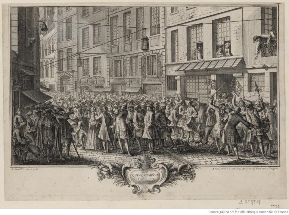 Rue Quinquempoix en l année 1720, gravure d’Antoine Humblot. gallica.bnf.fr/Bibliothèque nationale de France