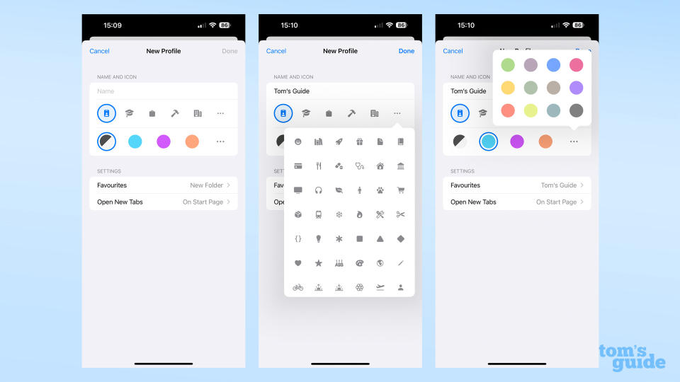 Screenshots showing the customization options for iOS 17 Safari profiles