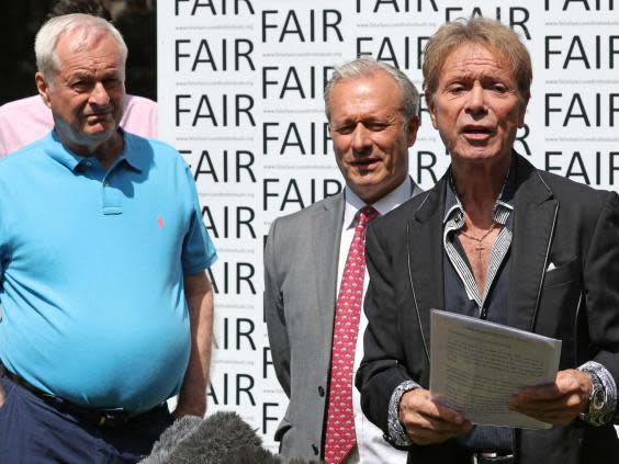 Paul Gambaccini, Daniel Janner and Sir Cliff Richard at an event in Westminster, London, to launch a campaign for a ban on naming sexual crime suspects unless they are charged (Jonathan Brady/PA Wire)