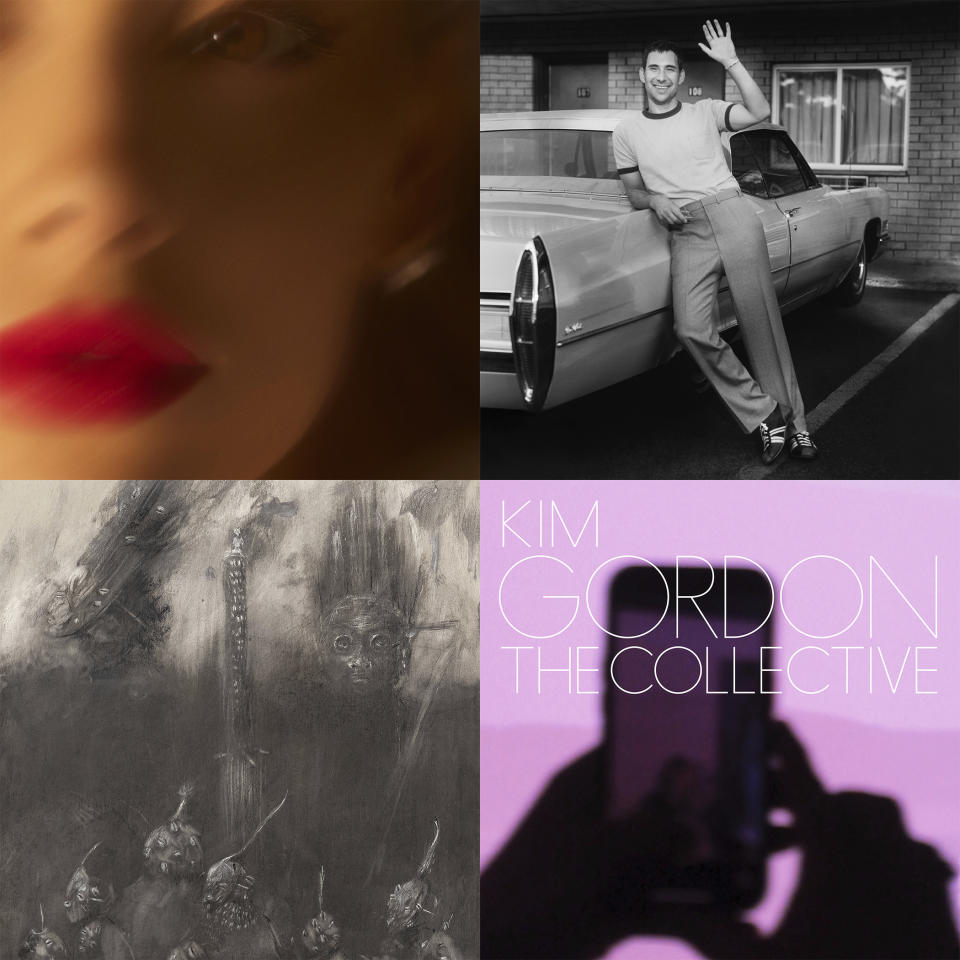 This combination of album covers shows, top row from left, "Eternal Sunshine" by Ariana Grande, a self-titled album by Bleachers, and bottom row from left, "The Great Bailout" by Moor Mother and "The Collective" by Kim Gordon. (Republic Records/Dirty Hit Records/Anti Records/Matador Records via AP)