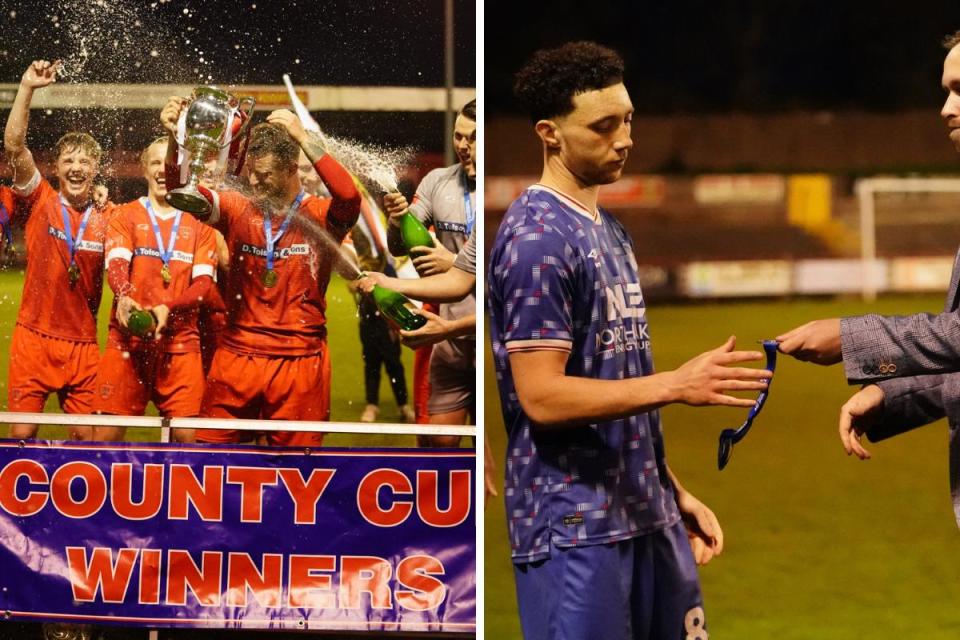 Contrasting emotions...Workington, left, lift the trophy while Jordan Gibson, right, collects his runners-up medal with United <i>(Image: Barbara Abbott)</i>