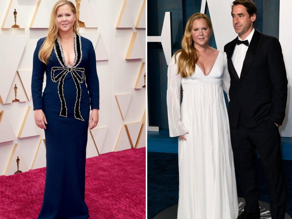 Amy Schumer at the 2022 Oscars (left) and the comedian at the after party (right).