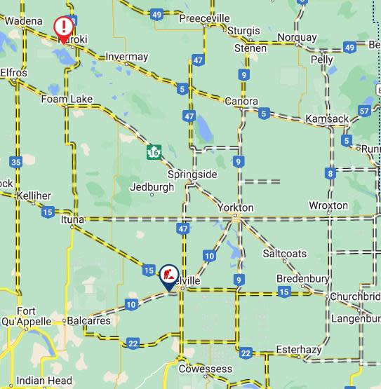 Screenshot of the Saskatchewan Highway Hotline map on Wednesday at 8:15 a.m. CST. Travel is not recommended on highways in white, while the dotted lines indicate poor visibility.