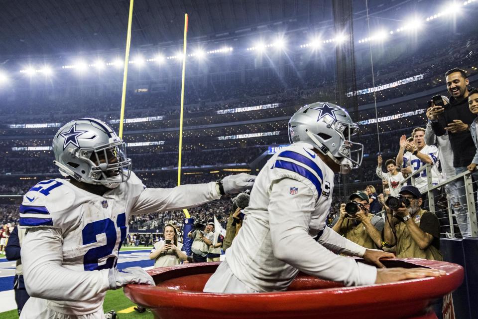 Ezekiel Elliott rightfully called out the NFL for fining a celebration that hurt nobody while raising awareness for a good cause. (Getty)