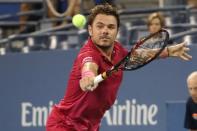 Sep 1, 2016; New York, NY, USA; Stan Wawrinka of Switzerland returns a shot to Alessandro Giannessi of Italy (not pictured) on day four of the 2016 U.S. Open tennis tournament at USTA Billie Jean King National Tennis Center. Mandatory Credit: Anthony Gruppuso-USA TODAY Sports