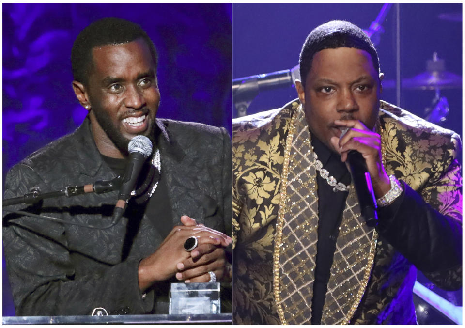 This combination photo shows Sean Combs accepting the 2020 Industry Icon award, left, and Mase performing at the Pre-Grammy Gala And Salute To Industry Icons in Beverly Hills, Calif. Nearly a week after honoring Combs at the Clive Davis pre-Grammys gala, rapper Mase lashed out at the Bad Boy Records founder for ripping him off along with others signed to his label. (Photos by Willy Sanjuan/Invision/AP)