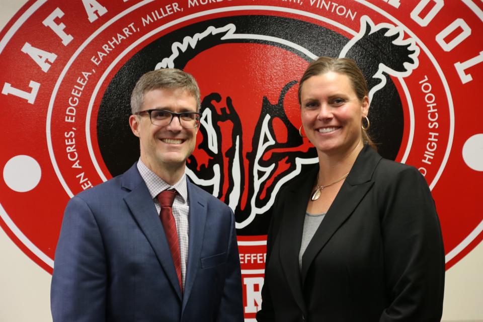 Lafayette Jefferson High School's newest assistant principals, Greg Smith and Casey Davenport, pose for a photo after being appointed at the November Lafayette School Corporation meeting, on Nov. 14, 2022, in Lafayette, Ind.
