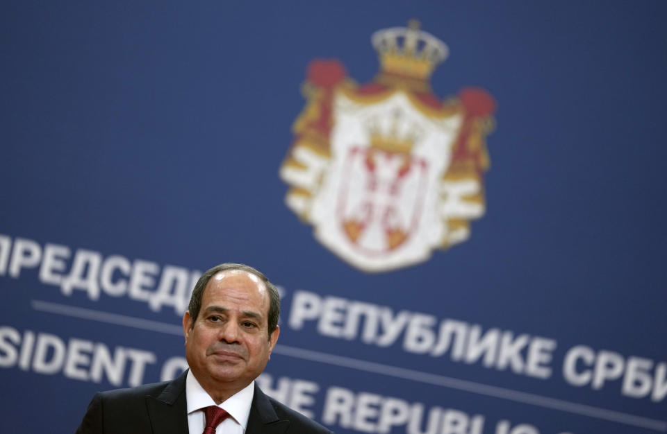 Egyptian President Abdel Fattah el-Sisi attends a press conference after talks with his Serbian counterpart Aleksandar Vucic at the Serbia Palace in Belgrade, Serbia, Wednesday, July 20, 2022. Abdel Fattah el-Sisi is on a three-day official visit to Serbia. (AP Photo/Darko Vojinovic)