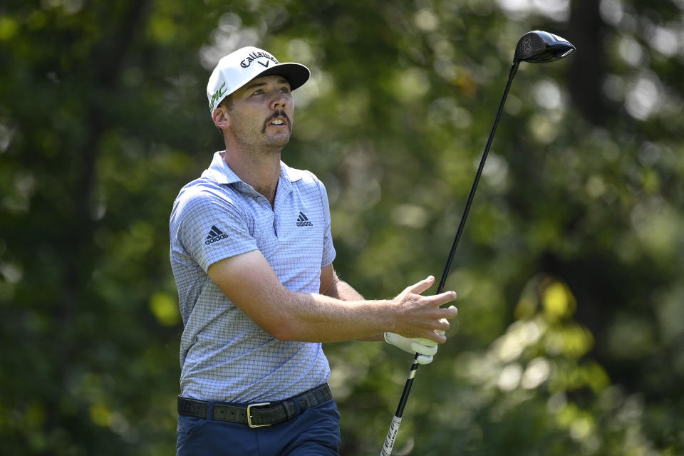 Sam Burns watches his tee shot on the fifth hole during the first round of the BMW Championship golf tournament, Thursday, Aug. 26, 2021, at Caves Valley Golf Club in Owings Mills, Md. (AP Photo/Nick Wass)