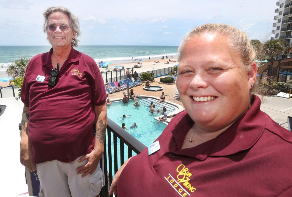 Sun Viking Lodge assistant general manager Joel Pape and general manager Amy Alexon check out the scene at the popular waterslide on the hotel's oceanfront pool deck. The Sun Viking Lodge Is ranked atop a list of the Top 25 Hotels For Families in the United States as part of the 2022 Travelers’ Choice Best of the Best Awards presented by travel website TripAdvisor.com.