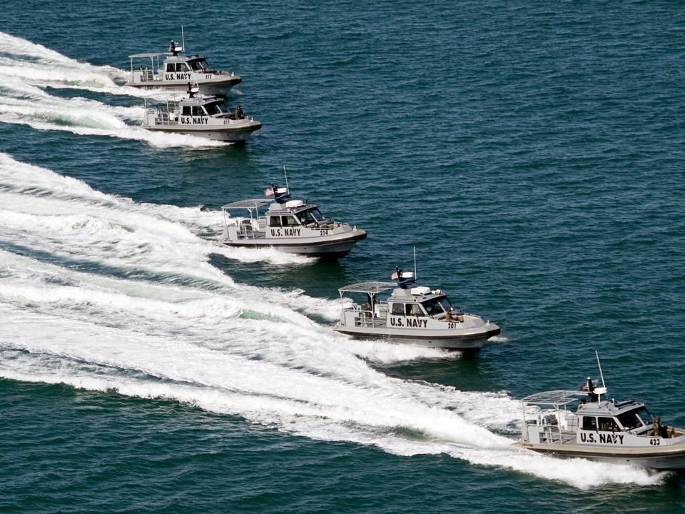 Several 34-foot Dauntless Sea-Ark's from Maritime Expeditionary Security Squadron 3 patrol the waters of San Diego Bay