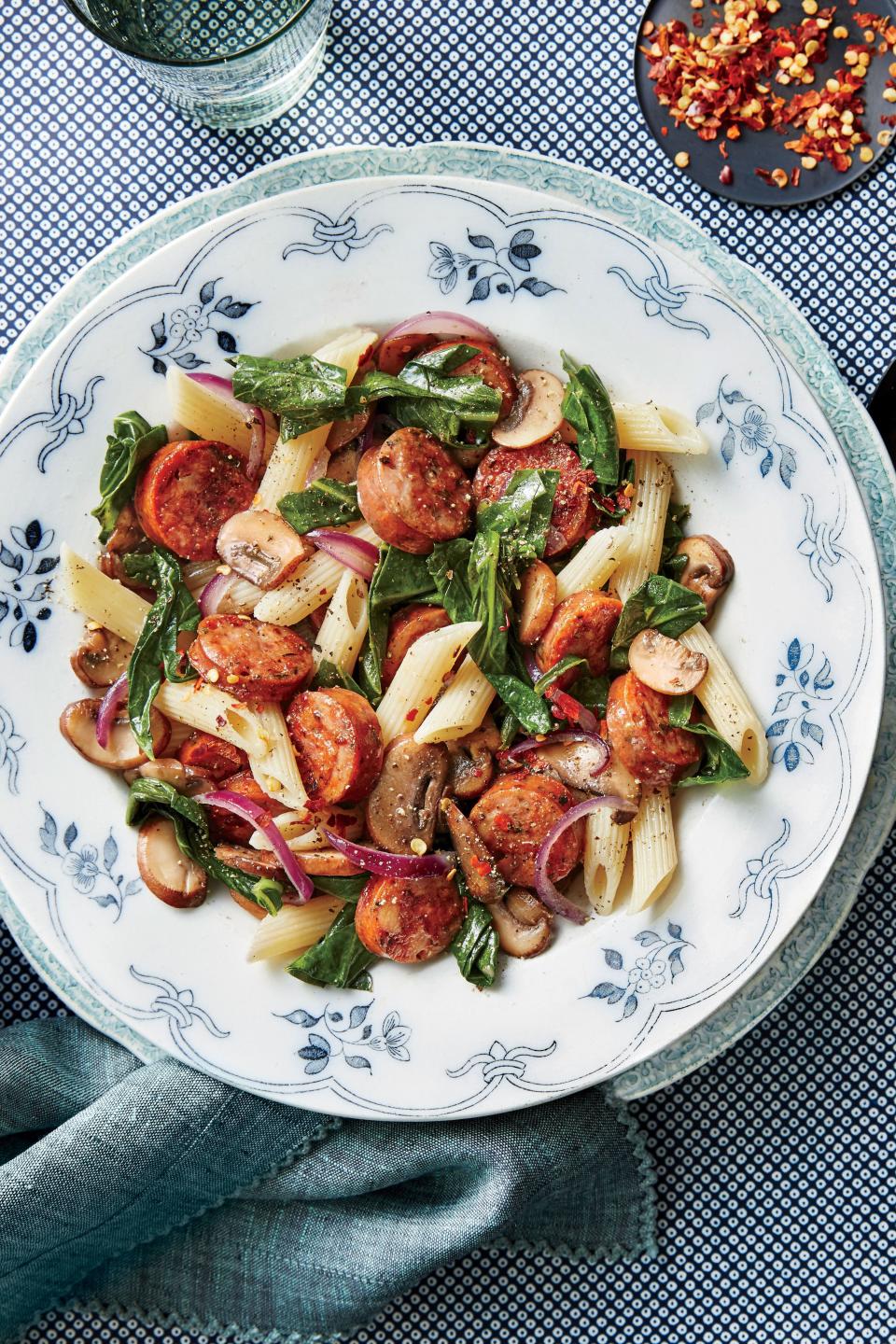 One-Pan Pasta with Chicken Sausage, Mushrooms, and Collards