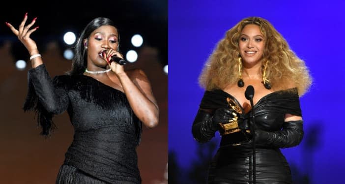 Aya Nakamura au défilé Etam en septembre 2019 (gauche), Beyonce aux Grammy Awards en 2021 (droite). - AFP