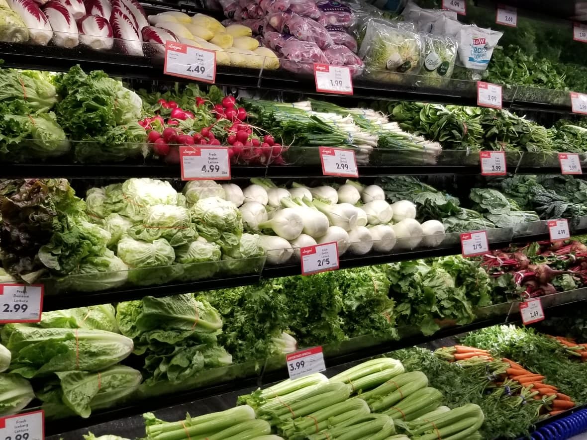 The produce section at a Longo's supermarket in Stouffville, Ont., in February. Canada's inflation rate fell to 5.2 per cent in February, the largest deceleration from a previous month since April 2020, according to Statistics Canada.  (Emily Chung/CBC - image credit)