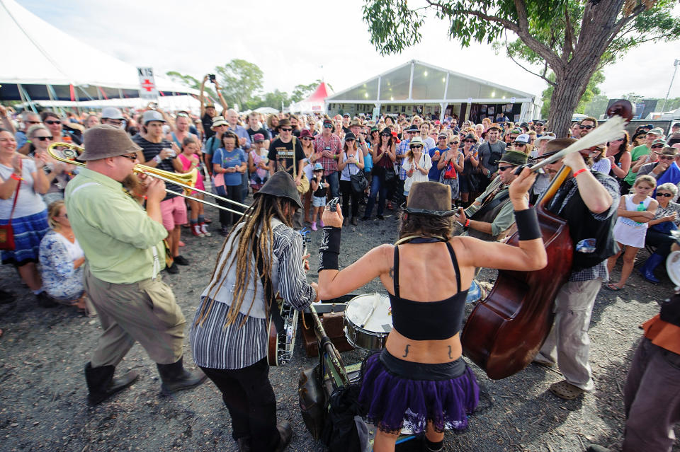 Buskers do an impromptu performance for festival goers at the 2015 Byron Bay Bluesfest on April 3, 2015 i