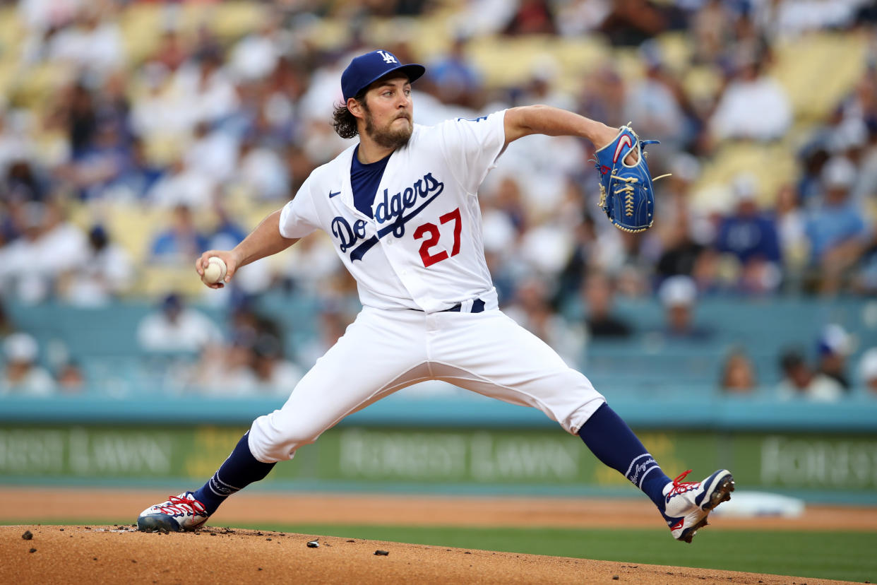 LOS ANGELES, CA - JUNE 28:  Trevor Bauer #27 of the Los Angeles Dodgers pitches during the game against the San Francisco Giants at Dodger Stadium on June 28, 2021 in Los Angeles, California. The Dodgers defeated the Giants 3-2. (Photo by Rob Leiter/MLB Photos via Getty Images)