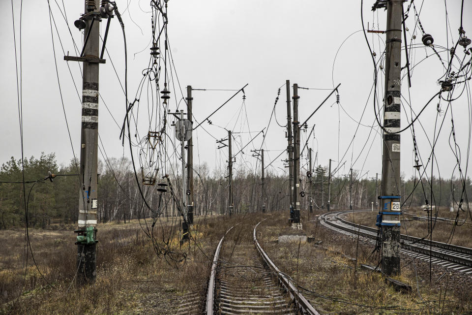 A view of damaged electrical wires after the Ukrainian army retook control from Russian forces in Lyman, Ukraine, on Nov. 27. 