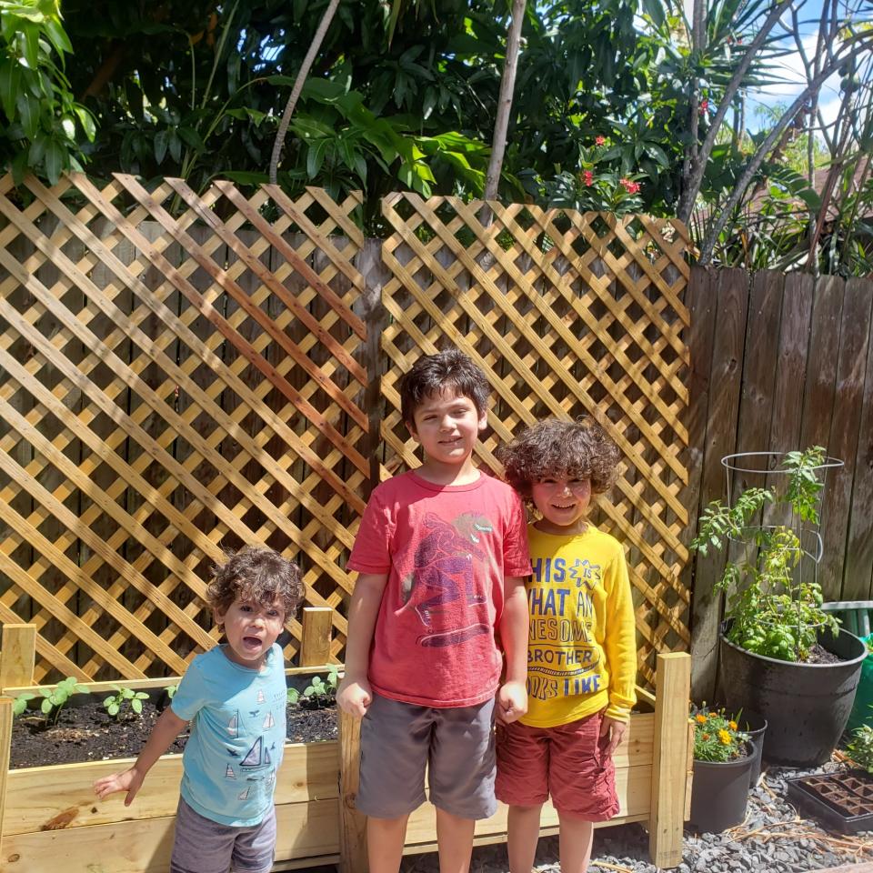 CHANGES LAST NAME TO BOLANOS, NOT RUIZ AS SENT - In this March 28, 2020, photo, Ashton Bolanos, left, Alec Bolanos and Aiden Bolanos stand alongside their vegetable garden in Miami, Fla. As the arrival of spring in the Northern Hemisphere coincides with orders to stay at home and out of crowds, the backyard garden has become a getaway for the mind in chaotic times. (Annika Bolanos via AP)