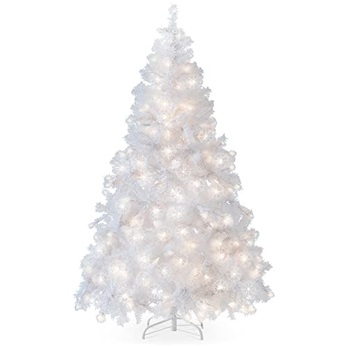 Best Choice Products 6ft Pre-Lit Hinged Artificial Christmas Pine Tree Holiday Decoration w/ 250 Warm White Lights, Metal Stand, 1,000 Tips, Easy Assembly, White