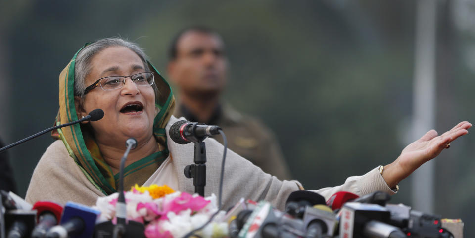 Bangladesh’s Prime Minister Sheikh Hasina speaks during a press conference in Dhaka, Bangladesh, Monday, Jan. 6, 2014. On Monday, her ruling Awami League party won one of the most violent elections in the country's history, marred by street fighting, low turnout and a boycott by the opposition that made the results a foregone conclusion. (AP Photo/Rajesh Kumar Singh)