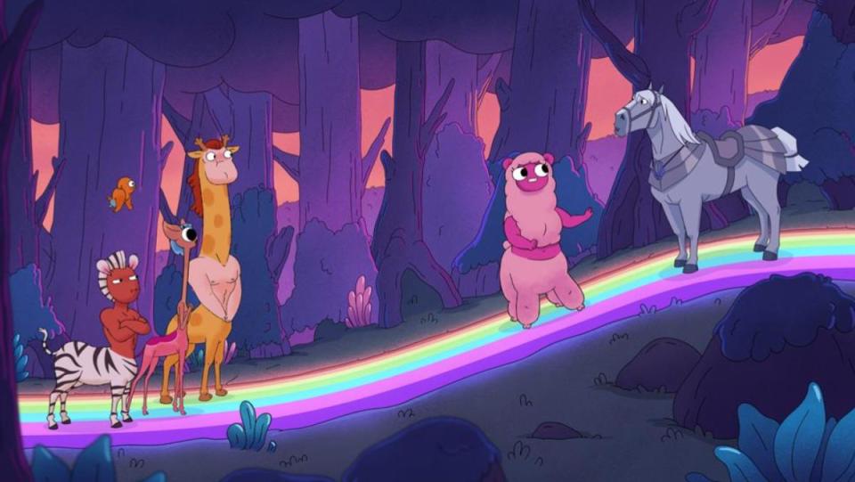 A still from Netflix's new animated series Centaurworld shows a collection of strange animal horse hybrids talking to a real horse on a rainbow road