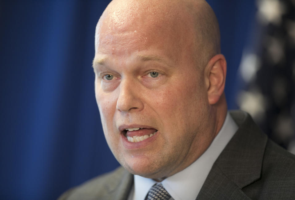 Acting U.S. Attorney General Matthew G. Whitaker speaks to area law enforcement officials at the U.S. Attorney's Office for the Western District of Texas in Austin, Tuesday, Dec. 11, 2018. (Jay Janner/Austin American-Statesman via AP)