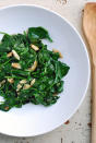 <div class="caption-credit"> Photo by: Brooklyn Supper</div><b>Toasted Garlic Spinach</b> <br> Toasted garlic transforms a quick and easy spinach side dish into a serious standout. As the weather cools, keep this recipe at hand for a laid-back fall dinner or holiday celebrations. <br> <b>Ingredients</b> <br> serves 4 <br> 2 tablespoons butter <br> 5 large cloves garlic, trimmed, smashed, peeled, and chopped <br> 1/2 teaspoon sea salt <br> 1 lb. spinach leaves, washed and dried <br> fresh ground black pepper to taste <br> <b>Directions</b> <br> 1. In a large, deep skillet, heat the butter over medium heat. Turn heat to low, and add the garlic. Cook over low heat, stirring every now and then, for about 10 minutes. <br> 2. When the garlic starts to brown on the edges (just a little), add the spinach and sprinkle with sea salt. Cook over low heat for another 10 minutes, stirring just to fold in the uncooked leaves. <br> 3. Spoon the leaves into a serving dish (leave behind the liquid), taste, adjust salt levels if needed, and serve with a few twist