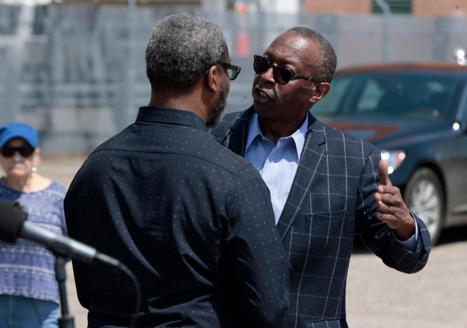 James Tate, the Detroit City Council President Pro Tem, left, and Herb Strather, the owner of the vacant Mammoth Building on Grand River and Greenfield in Detroit argue during a news conference on Friday, May 5, 2023. The building remains vacant as it has for the past 20 years and the city of Detroit filed a lawsuit against the owners of the building for the safety and protection of residents and business owners in the surrounding area.