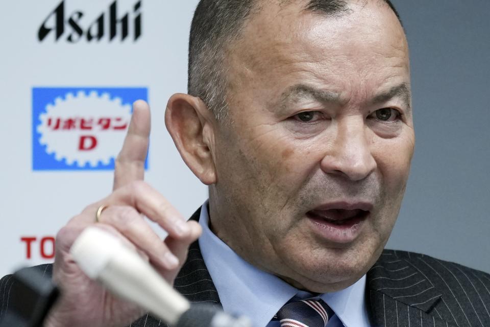 Eddie Jones of Australia, new coach of the Japan national rugby team, answers a question from media during a press conference Monday, Jan. 15, 2024, in Tokyo. (AP Photo/Eugene Hoshiko)