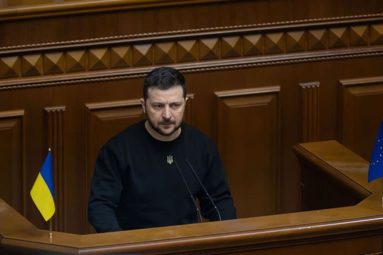 Volodimir Zelensky, durante su discurso anual ante el Parlamento, en diciembre de 2022 