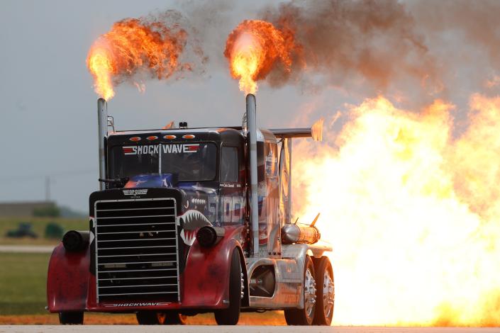 This 2021 photo shows Shockwave, a jet-fueled semitruck performing at Thunder over the Heartland in Topeka, Kansas. On July 3, 2022, driver Chris Darnell was killed after a mechanical failure occurred during a performance at the Field of Flight Air Show and Balloon Festival in Battle Creek, Mich.