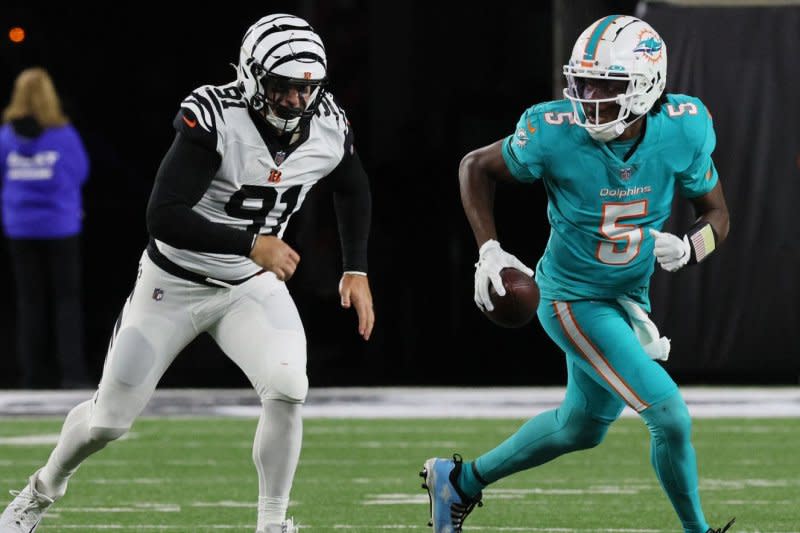 Veteran quarterback Teddy Bridgewater (R) threw four touchdown passes and four interceptions last season for the Miami Dolphins. File Photo by John Sommers II/UPI