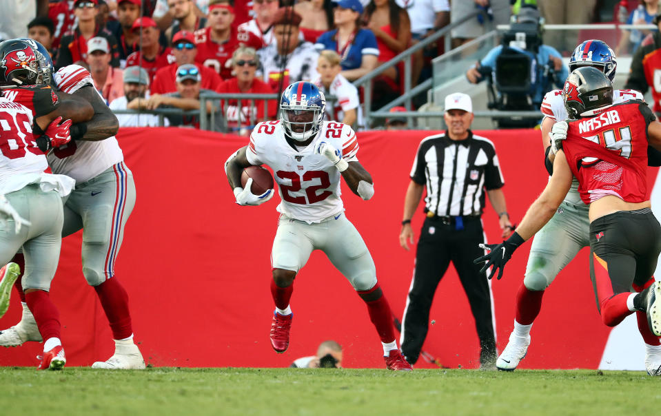 Sep 22, 2019; Tampa, FL, USA; New York Giants running back Wayne Gallman (22) runs with the ball against the Tampa Bay Buccaneers during the second half at Raymond James Stadium. Mandatory Credit: Kim Klement-USA TODAY Sports