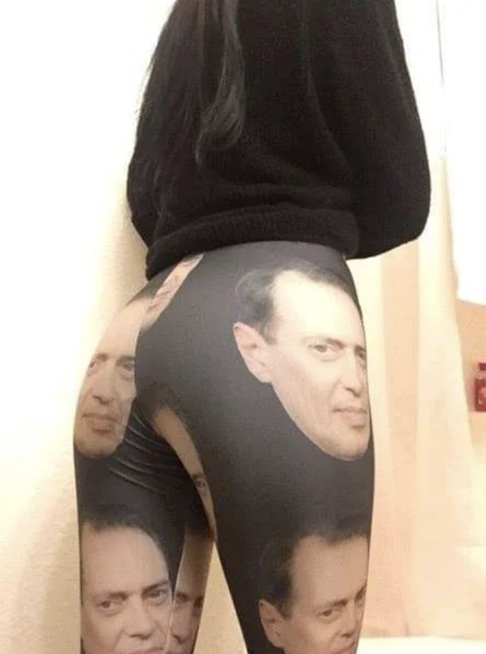 Printed pants with Steve Buscemi's face on them
