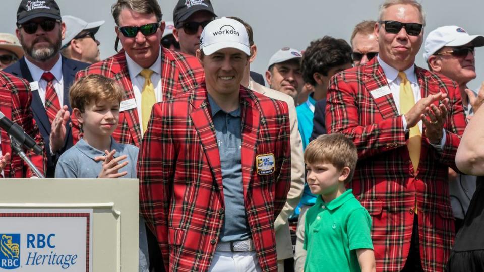 RBC Heritage Presented by Boeing defending champion Matt Fitzpatrick, center left, at the opening ceremony on April 16, 2024 at the 18th green of Harbour Town Golf Links on Hilton Head Island.