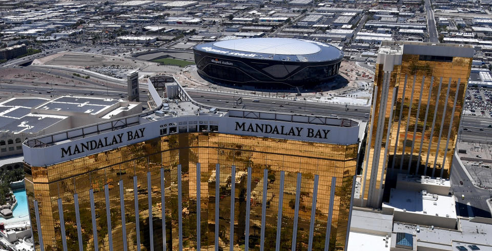 An aerial view shows Allegiant Stadium, which will host the 2021 Pro Bowl, under construction west of Mandalay Bay Resort and Casino. (Photo by Ethan Miller/Getty Images)
