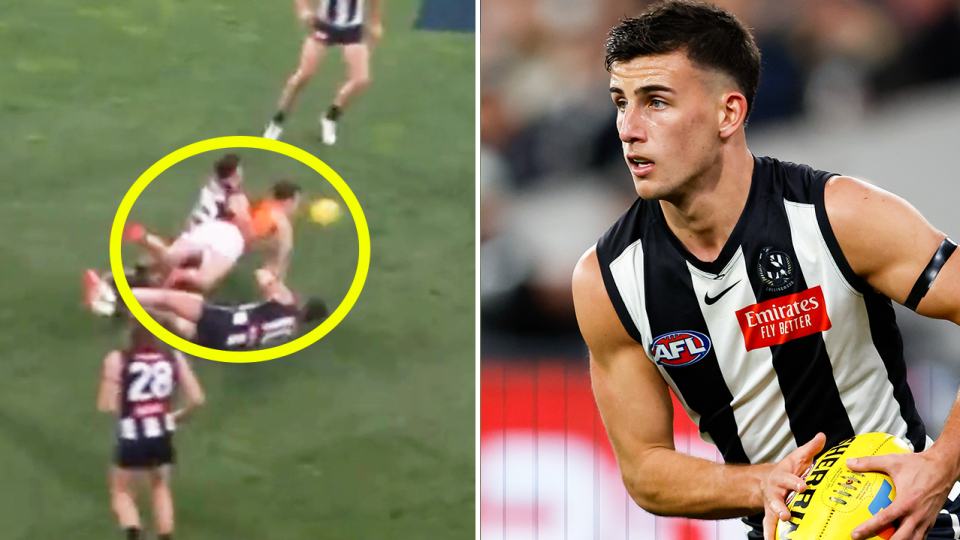 Nick Daicos tackling Brent Daniels and Daicos running.