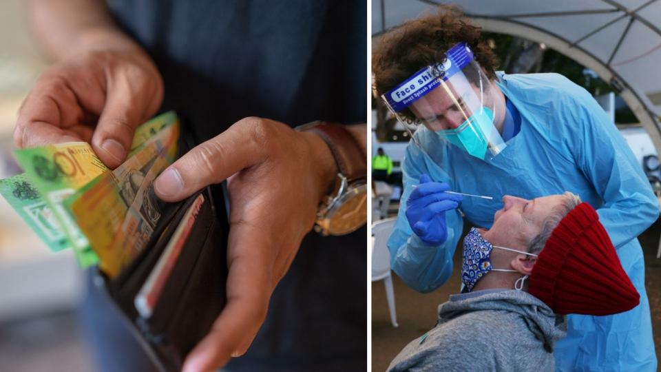 Hands holding wallet with Australian cash. Man testing woman for COVID-19 with a nasal swab.