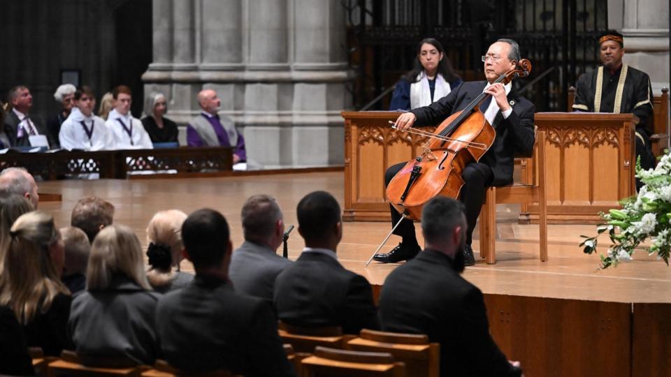 PHOTO: American cellist Yo-Yo Ma performs during an interfaith memorial service for the seven World Central Kitchen workers killed in Gaza, at the Washington National Cathedral, in Washington, Apr. 25, 2024.  (Saul Loeb/AFP via Getty Images)