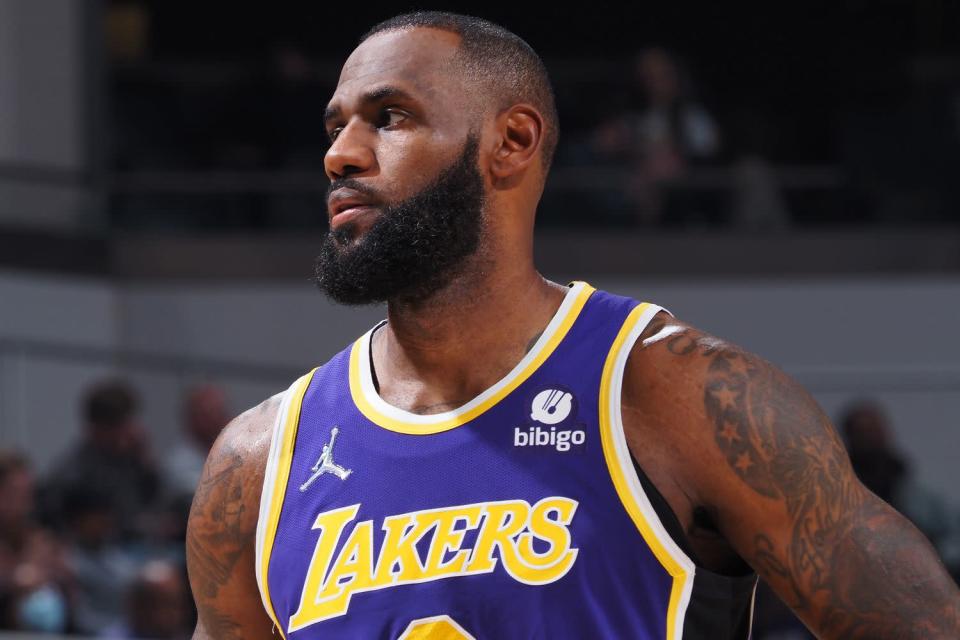 LeBron James #6 of the Los Angeles Lakers looks on during the game against the Indiana Pacers
