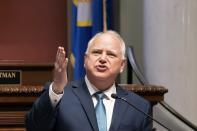 FILE - In this April. 24, 2022, photo, Gov. Tim Walz delivers his State of the State address in the Minnesota House of Representative Chambers in front of senators and representatives in St. Paul, Minn. (Glen Stubbe/Star Tribune via AP, file)